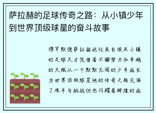 萨拉赫的足球传奇之路：从小镇少年到世界顶级球星的奋斗故事
