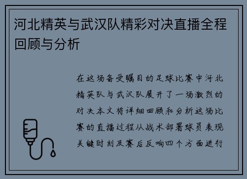 河北精英与武汉队精彩对决直播全程回顾与分析